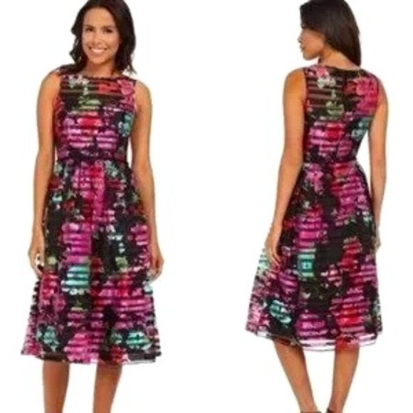 Women's Tahari Shawn Illusion Floral Embroidered Fit & Flare Dress | Size 4 - Picture 1 of 7